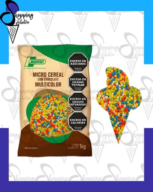 Micro cereal multicolor Argenfrut para decorar helados y postres en Shopping del Heladero, Zona Sur, Buenos Aires.