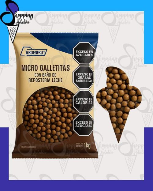 Micro galletita con chocolate negro y baño de repostería marca Argentfrut en Shopping del Heladero, Zona Sur, Buenos Aires.