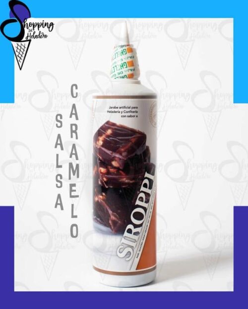 Salsa Caramelo Ghelco Siroppi para decoración de helados y postres en Shopping del Heladero, Zona Sur.