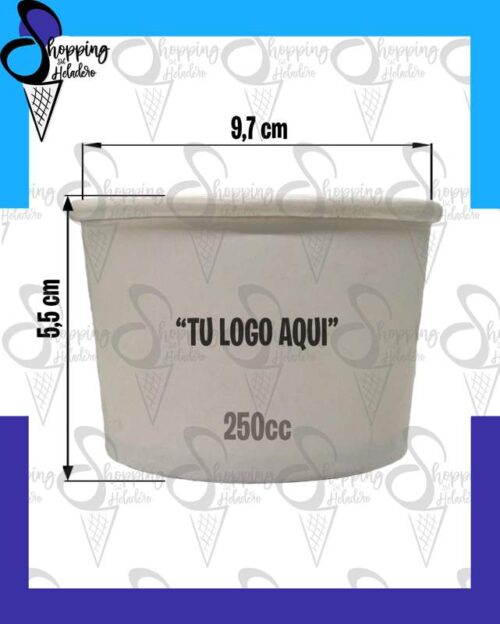 Tacita polipapel 250cc blancas y con logo personalizado para heladerías en Shopping del Heladero, Zona Sur.