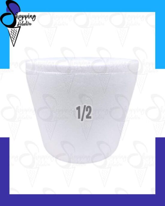 Pote térmico cónico de 1/2 kg para helado con tapa, marca Estisol Isopor, de Shopping del Heladero en Zona Sur.