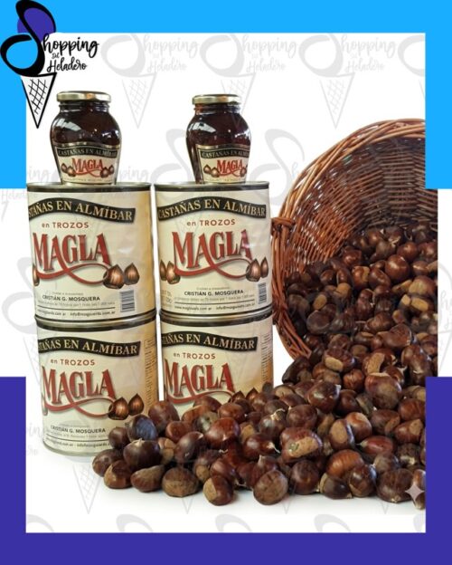 castañas en almibar marca Magla en lata de 3,2kg, ideal para repostería en Zona Sur, Buenos Aires.
