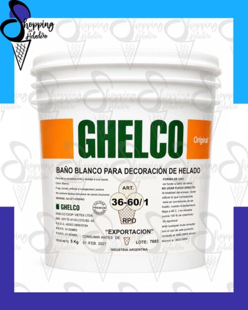 baño blanco de exportación ghelco en balde de 5kg, insumo de repostería en shopping del heladero de zona sur buenos aires.