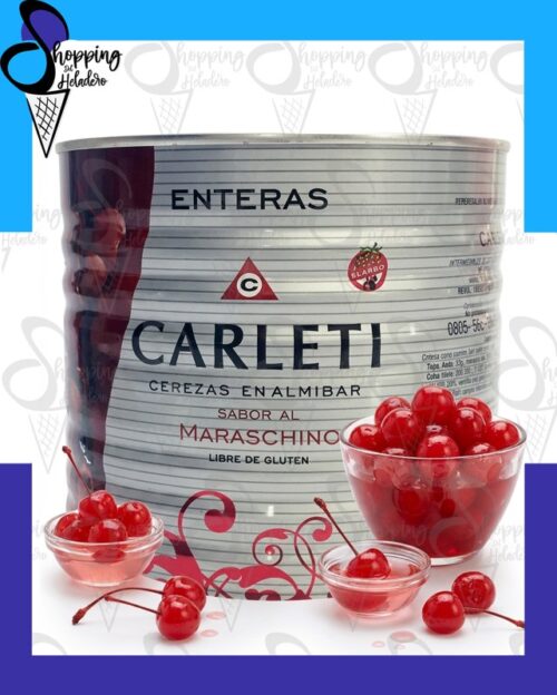 Cereza Carleti entera en lata de 3kg, un insumo dulce ideal para heladerías en Zona Sur, Buenos Aires.