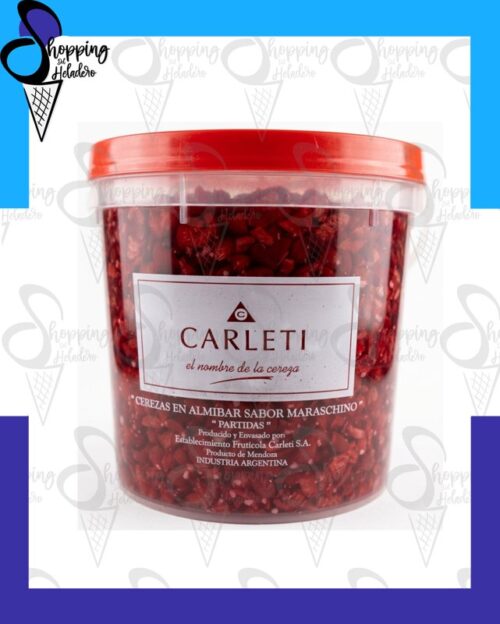 Cereza carleti partida en balde para heladerías, un insumo dulce de Shopping del Heladero en Zona Sur, Buenos Aires.