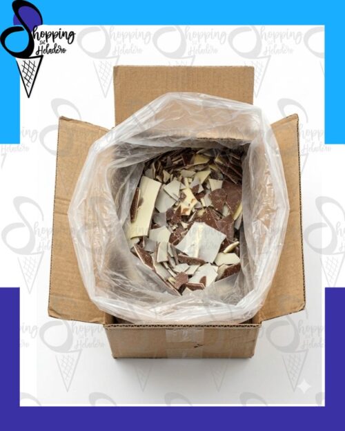 Chocolate Kinder en pedazos para heladerías, presentado en caja, disponible en Shopping del Heladero, Zona Sur, Buenos Aires.