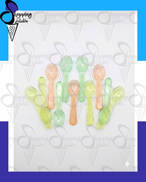 Cucharitas concavas de colores para helado, un insumo práctico de Shopping del Heladero en Zona Sur, Buenos Aires.