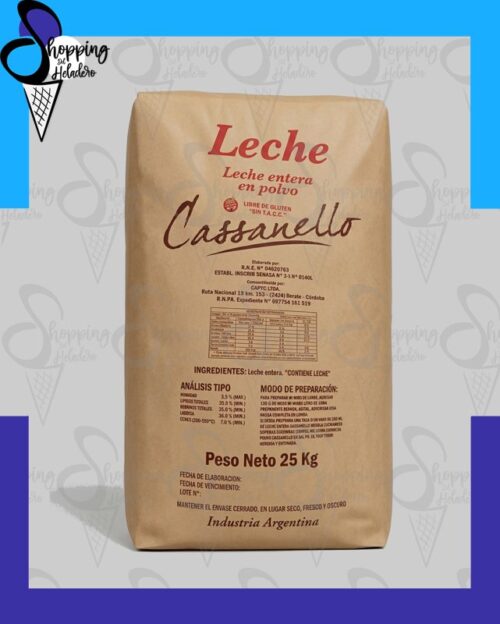 Leche en polvo entera Cassanello sin TACC, bolsa de 25 kg en Shopping del Heladero, Zona Sur, Buenos Aires.