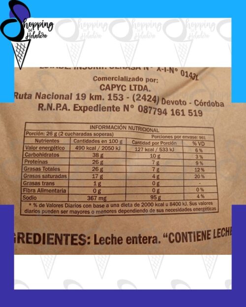 Leche en polvo entera Cassanello sin TACC, bolsa de 25 kg en Shopping del Heladero, Zona Sur, Buenos Aires.