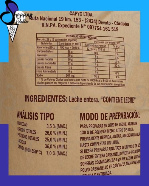 Leche en polvo entera Cassanello sin TACC, bolsa de 25 kg en Shopping del Heladero, Zona Sur, Buenos Aires.