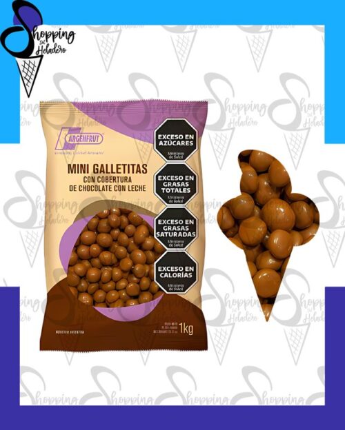 Mini galletita cobertura chocolate con leche marca Argentfrut en Shopping del Heladero, Zona Sur, Buenos Aires.