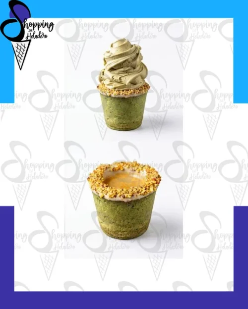 cookie cup pistacho cookie cup pistacho con baño de chocolate blanco y grana tostada, ideal para helados en Shopping del Heladero, Buenos Aires.